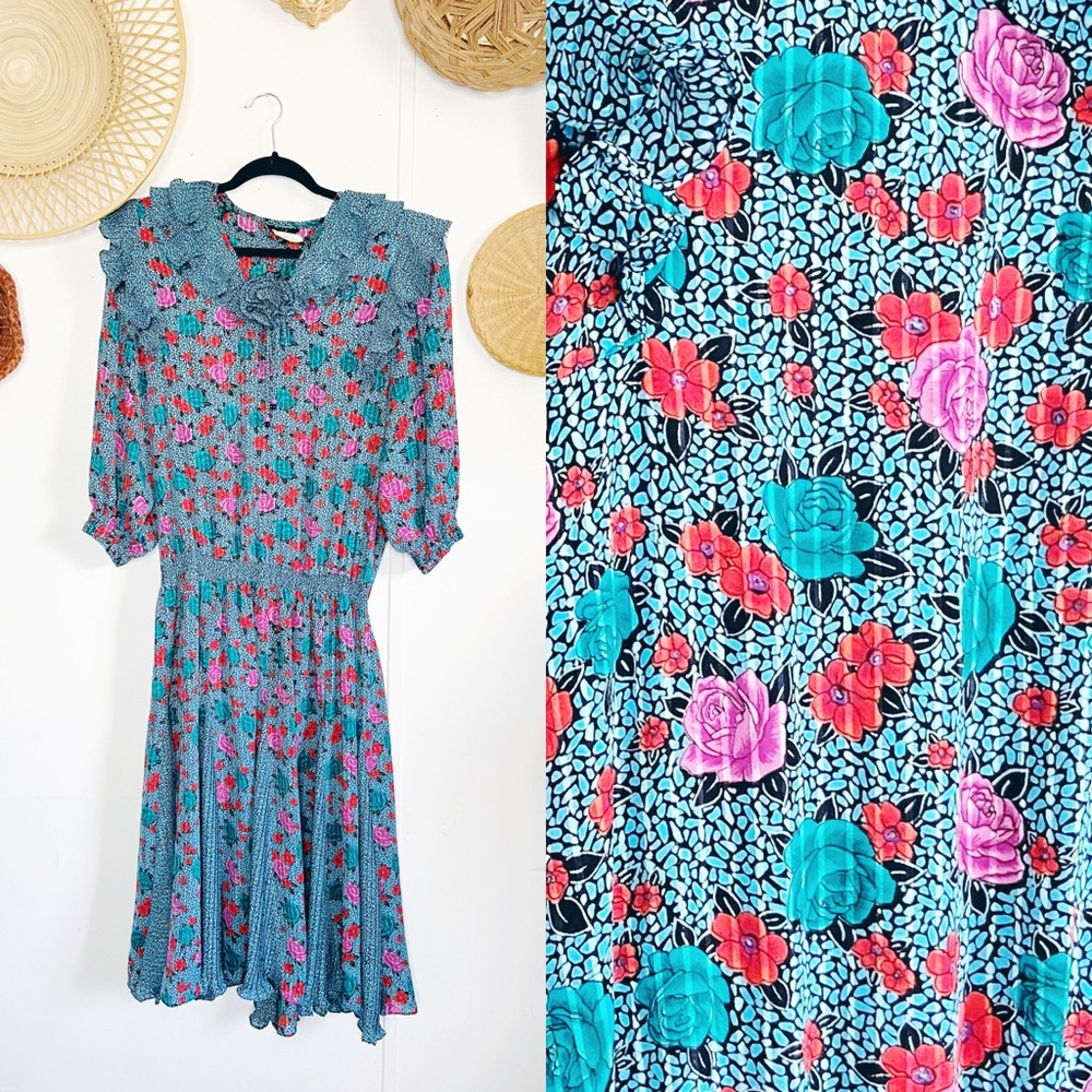 1980s Diane Freis Georgette Granny Floral Ruffle Dress